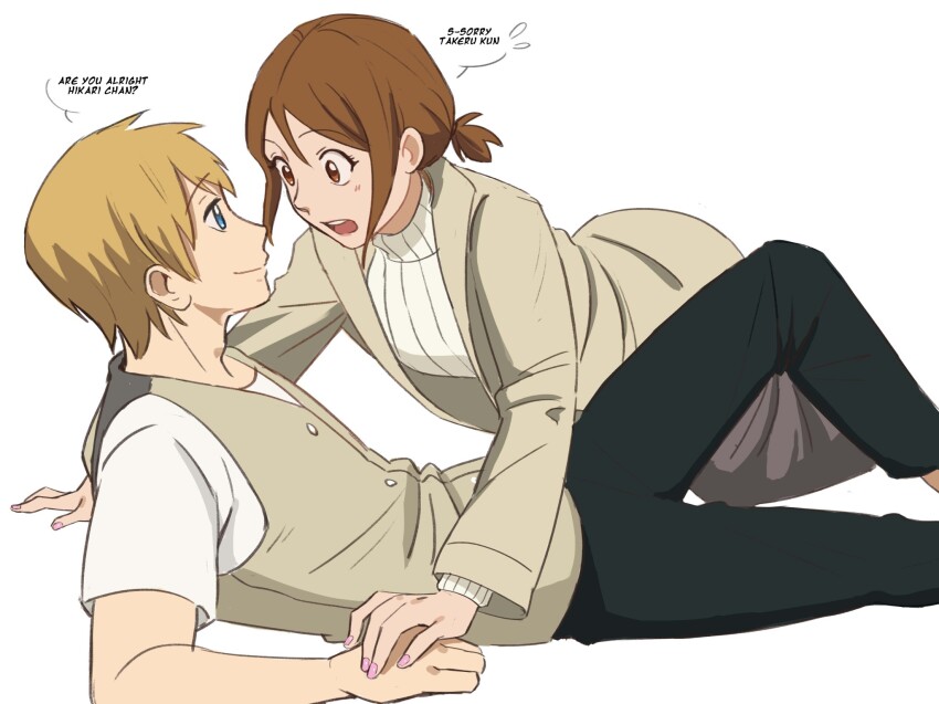 1boy 1girl blonde_hair brown_hair digimon digimon_adventure_02:_the_beginning smile takaishi_takeru yagami_hikari