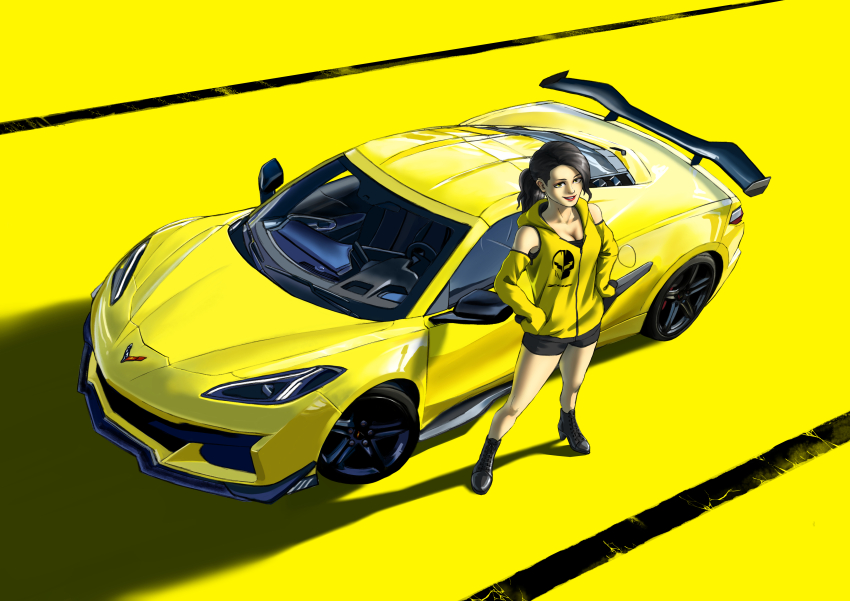 1girl absurdres black_boots black_hair boots breasts car chevrolet chevrolet_corvette chevrolet_corvette_c8 cleavage corvette_racing detached_sleeves from_above hair_behind_ear highres hood hood_down hoodie logo looking_up medium_breasts motor_vehicle original ponytail red_lips shadow sleeveless sleeveless_hoodie sleeves_past_fingers sleeves_past_wrists smile solo spoiler_(automobile) sports_car sumakun vehicle_focus yellow_background yellow_car yellow_hoodie