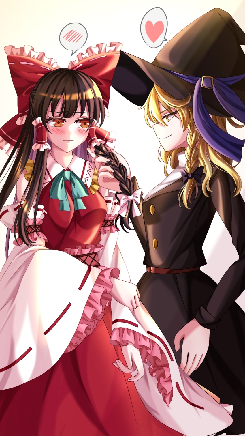 2girls alternate_hairstyle black_bow black_hat black_skirt blonde_hair blush bow braid breasts brown_hair closed_mouth commentary_request detached_sleeves frilled_bow frilled_hair_tubes frills hair_bow hair_tubes hakurei_reimu hand_in_another&#039;s_hair hat heart highres kirisame_marisa long_hair long_sleeves mito_(fate) multiple_girls red_bow red_eyes red_skirt ribbon-trimmed_sleeves ribbon_trim side_braid single_braid skirt skirt_set smile spoken_blush spoken_heart touhou witch_hat yellow_eyes yuri