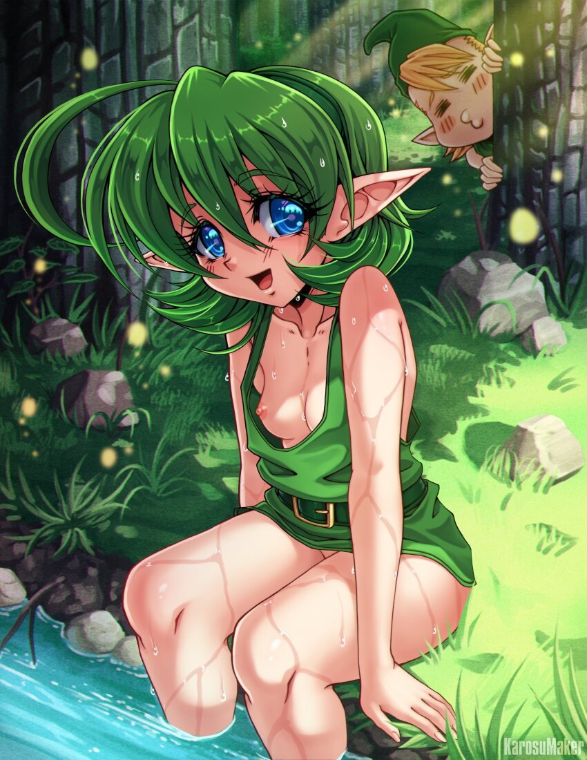 1boy 1girl absurdres arm_support artist_name bare_arms bare_legs bare_shoulders belt belt_buckle blonde_hair blue_eyes blush bottomless breasts buckle commentary forest grass green_belt green_hair green_hat green_tunic hair_between_eyes hat highres karosu_maker kokiri light_particles light_rays long_sleeves looking_at_viewer mido_(zelda) nature nintendo nipples no_bra no_panties open_mouth peeking pointy_ears rock saria_(zelda) short_hair sitting small_breasts smile soaking_feet solo_focus the_legend_of_zelda the_legend_of_zelda:_ocarina_of_time thighs tree tunic voyeurism water wet