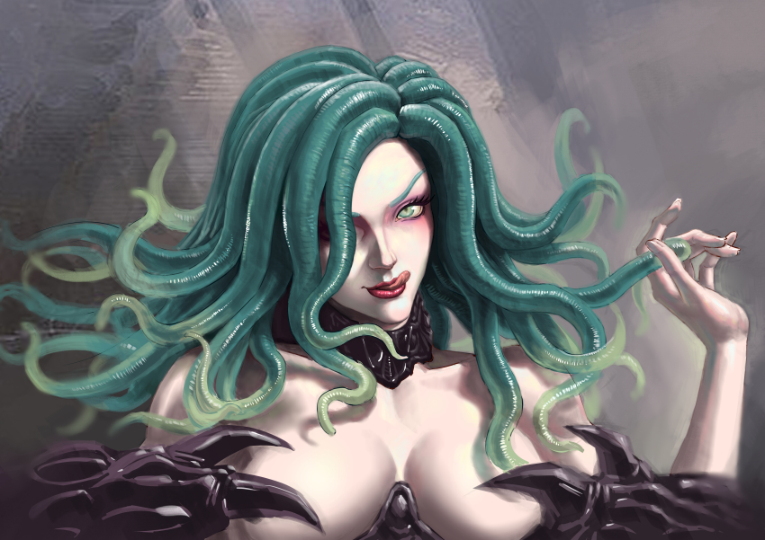 1girl absurdres berserk breasts demon_girl hair_over_one_eye highres johnsu021 large_breasts long_hair looking_at_another looking_at_viewer slan_(berserk) tentacle_hair tongue tongue_out