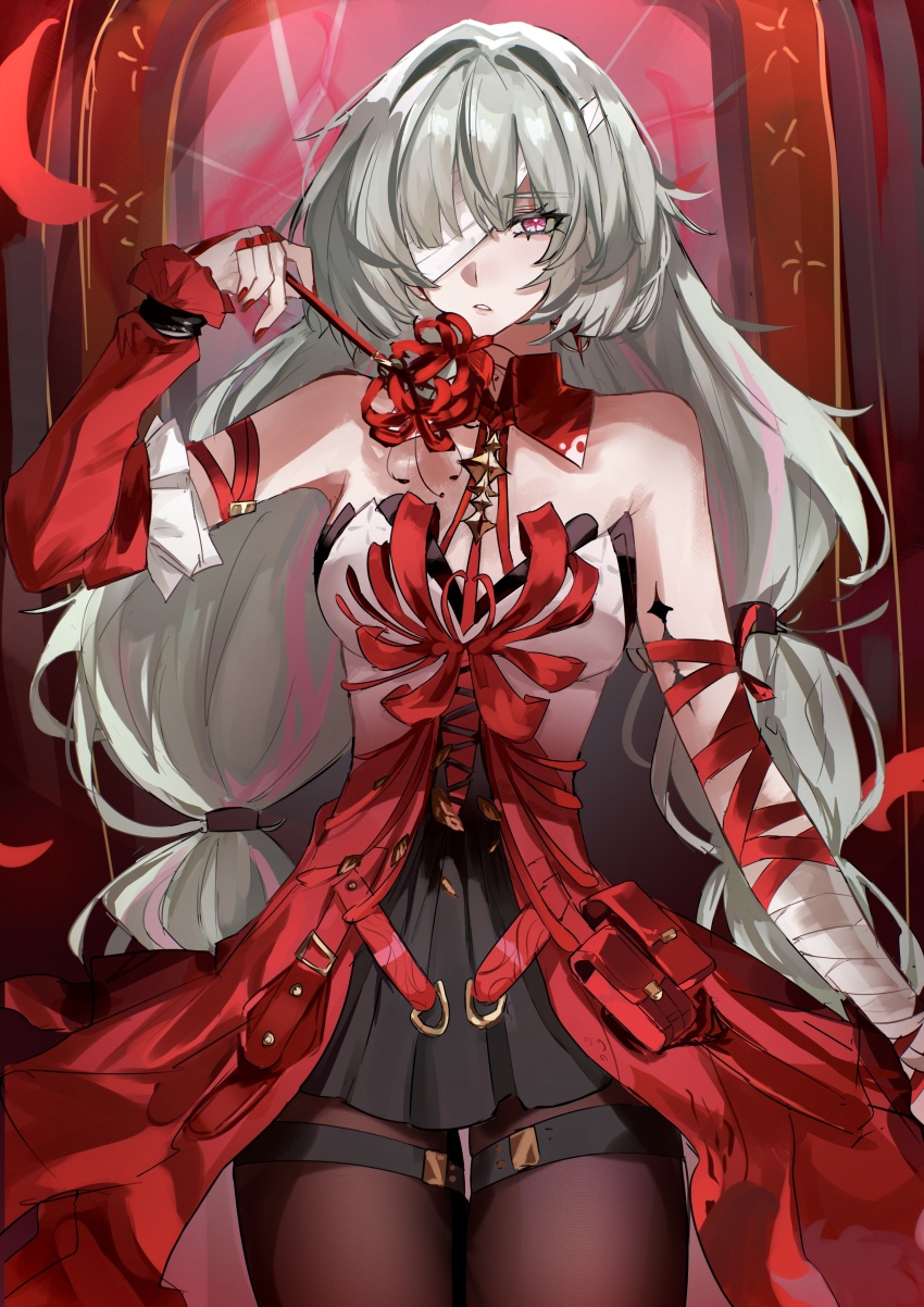 1girl absurdres bandage_over_one_eye bandaged_arm bandages bare_shoulders black_skirt braid breasts commentary cowboy_shot detached_sleeves dress flower gradient_clothes gradient_dress grey_hair hand_up hashtag-only_commentary highres holding holding_flower inishie_no_tanaka long_hair looking_at_viewer low_twin_braids medium_breasts pantyhose parted_lips phrolova_(wuthering_waves) red_dress red_eyes red_pantyhose single_detached_sleeve skirt solo spider_lily tacet_mark_(wuthering_waves) twin_braids very_long_hair wuthering_waves