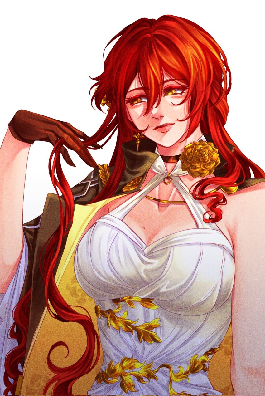 1girl black_choker black_gloves black_jacket breasts choker cleavage commentary dress earrings english_commentary flower_choker gloves hair_between_eyes highres himeko_(honkai:_star_rail) honkai:_star_rail honkai_(series) jacket jewelry large_breasts lillin20092000 long_hair mole mole_on_breast red_hair single_bare_shoulder smile solo upper_body white_background white_dress yellow_eyes