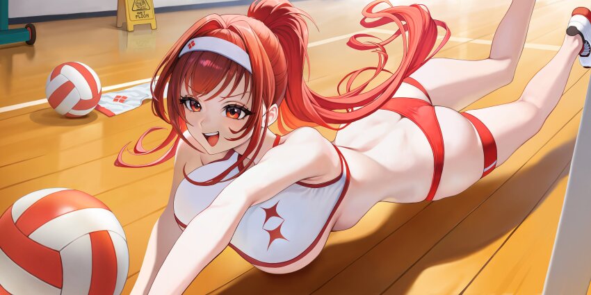 1girl absurdres alternate_costume ass back ball breasts buruma butt_crack commentary goddess_of_victory:_nikke hairband highres large_breasts long_hair open_mouth playing_sports ponytail rapi_(nikke) rapi_(red_hood)_(nikke) red_buruma red_eyes red_hair shoes smile solo sports_bra sportswear symbol-only_commentary t-back_spats thigh_strap very_long_hair volleyball_(object) wet_floor_sign white_hairband white_shoes white_sports_bra wooden_floor young999999990