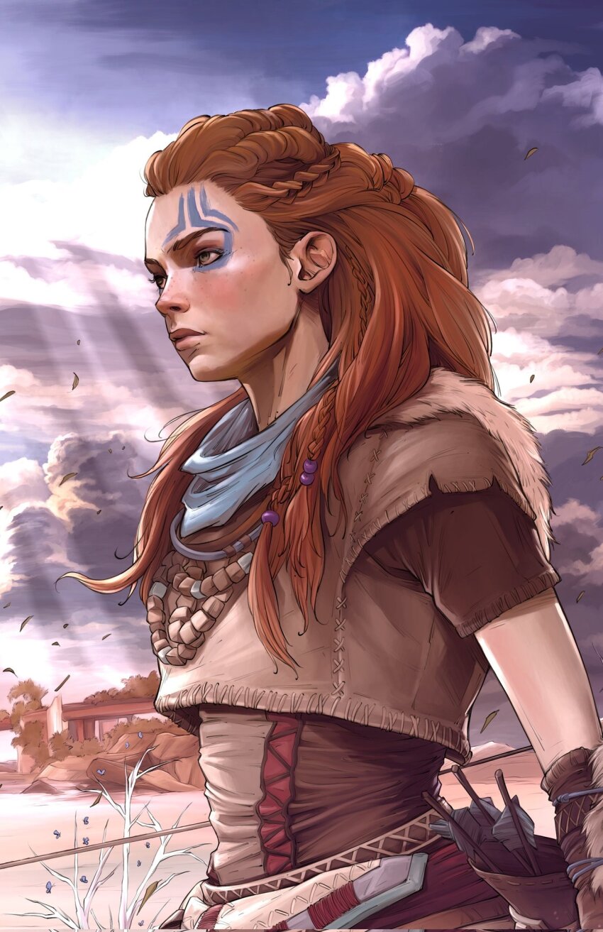 1girl aloy_(horizon) arrow_(projectile) bandana bandana_around_neck blue_bandana brown_jacket brown_shirt cloud cropped_jacket facepaint green_eyes highres horizon_(video_game) illyne_cosplay jacket long_hair looking_to_the_side orange_hair outdoors quiver shirt short-sleeved_jacket short_sleeves solo upper_body