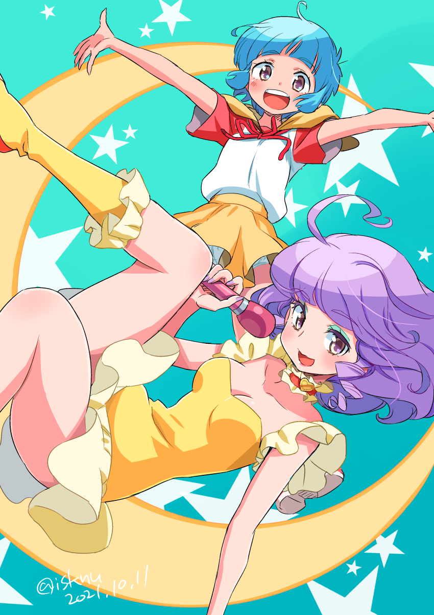 2girls absurdres ahoge artist_name bare_arms blue_background blue_eyeshadow blue_hair blunt_bangs breasts brown_eyes choker cleavage commentary creamy_mami crescent_moon dated drill_hair drill_sidelocks dual_persona eyeshadow frilled_choker frilled_socks frills heart heart_choker highres holding holding_microphone hood idol isedaichi_ken kneehighs leotard looking_at_viewer magical_girl mahou_no_tenshi_creamy_mami makeup medium_breasts medium_hair microphone miniskirt moon morisawa_yuu multiple_girls on_crescent open_mouth orange_shoes outstretched_arms panties pantyshot purple_eyes purple_hair red_choker red_shirt shirt shirt_tucked_in shoes short_hair sidelocks signature sitting skirt smile socks spread_arms star_(symbol) thighs two-tone_shirt underwear upskirt white_panties white_shirt yellow_hood yellow_leotard yellow_skirt yellow_socks