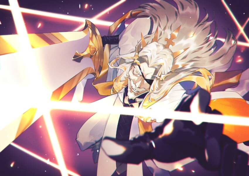 1boy alchemy_stars attack beard black_gloves coat commentary eyepatch facial_hair gloves grey_hair holding holding_sword holding_weapon incoming_attack long_hair looking_at_viewer male_focus outstretched_hand schwartz_(alchemy_stars) solo sword tai_kusu weapon white_coat yellow_eyes