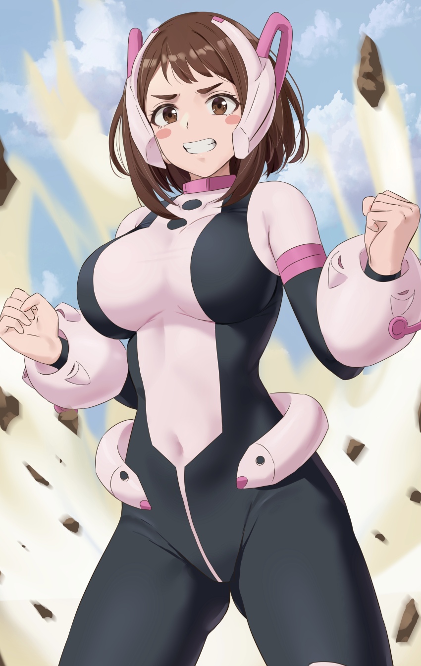 1girl absurdres amayo_thranana black_bodysuit blue_sky blush_stickers bodysuit boku_no_hero_academia breasts brown_eyes brown_hair clenched_hands clenched_teeth covered_navel day debris gluteal_fold highres large_breasts medium_hair outdoors pink_bodysuit sky solo superhero_costume teeth two-tone_bodysuit uraraka_ochako