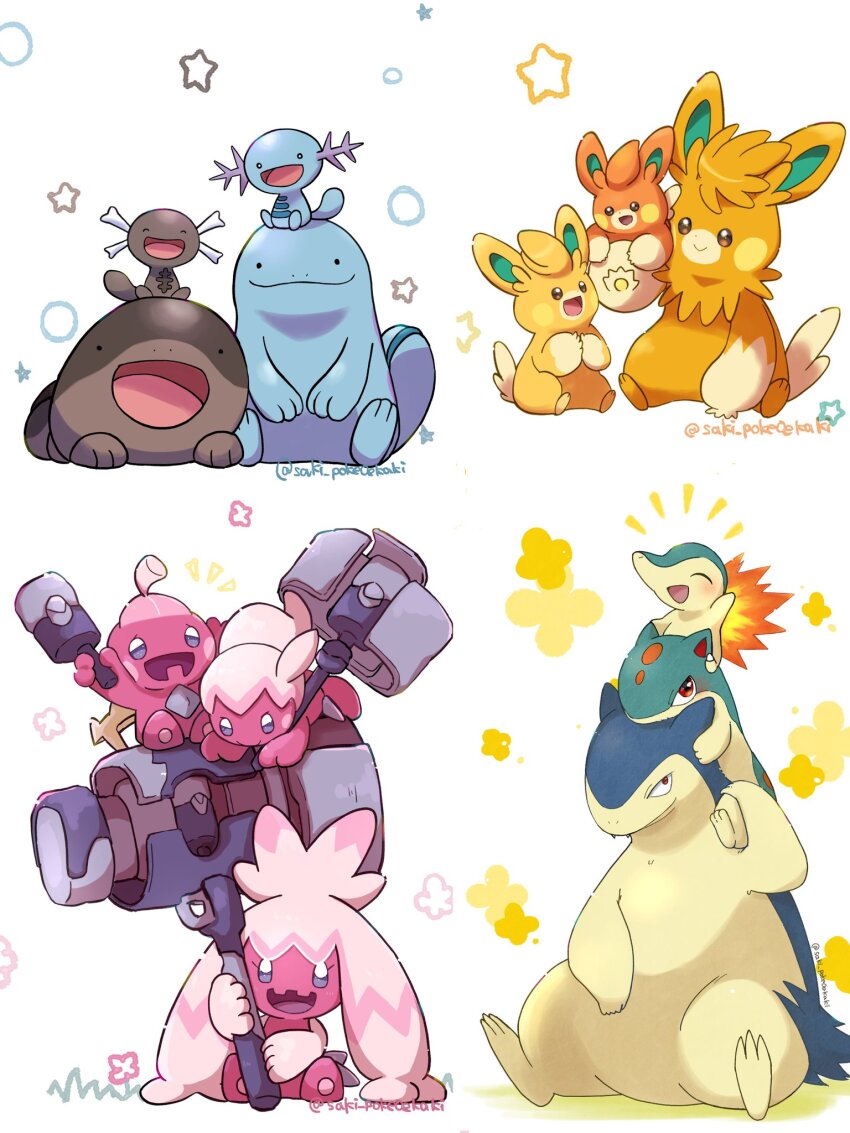 :d ^_^ brown_eyes clodsire closed_eyes closed_mouth colored_skin commentary_request cyndaquil evolutionary_line fangs fire gen_2_pokemon hammer highres nintendo no_humans notice_lines open_mouth orange_fur paldean_wooper pawmi pawmo pawmot pink_skin pokemon pokemon_(creature) quagsire quilava red_eyes saki_pokeoekaki simple_background sitting smile solid_circle_eyes star_(symbol) tail tinkatink tinkaton tinkatuff typhlosion white_background wooper
