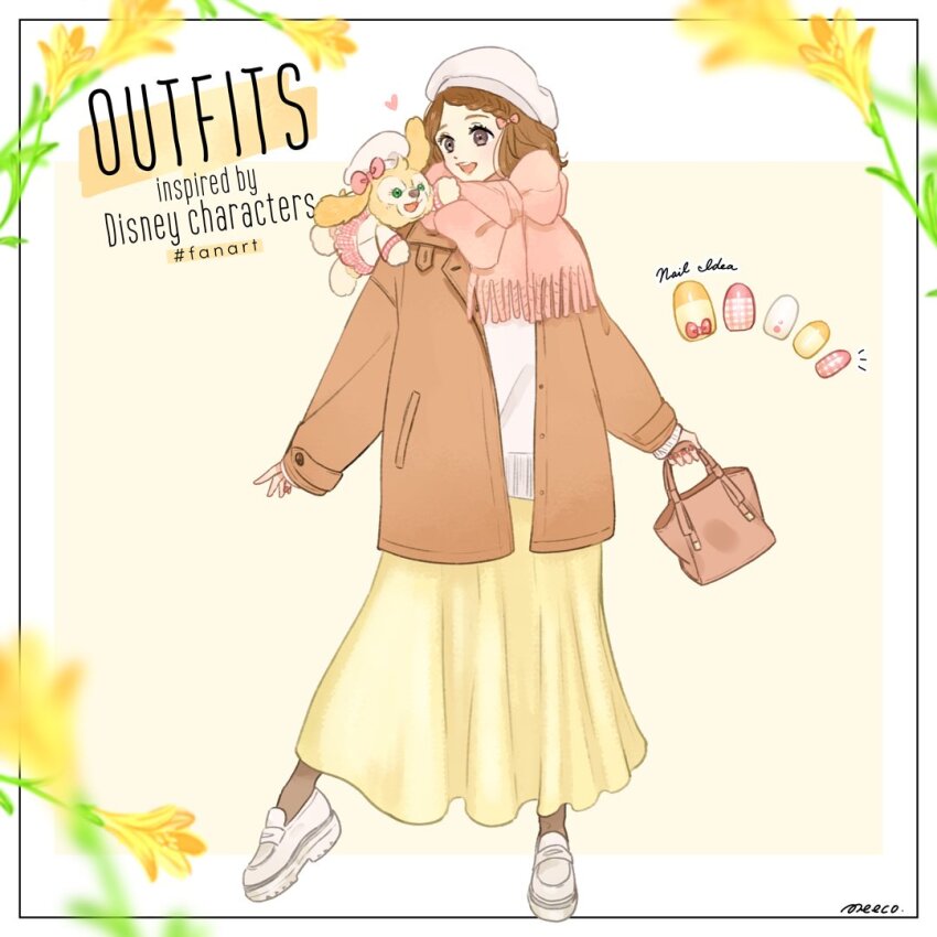 1girl animal_ears animification bag bow coat cookieann dog_girl dual_persona duffy_and_friends full_body furry furry_female humanization long_hair looking_at_viewer meecosme scarf shirt shoes skirt smile solo standing stuffed_toy wavy_hair