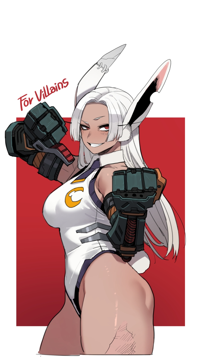 1girl absurdres animal_ears bare_shoulders blush boku_no_hero_academia breasts clenched_hands clothing_cutout collared_leotard commentary crescent_print cropped_legs dark-skinned_female dark_skin english_commentary english_text from_side grin highleg highleg_leotard highres large_breasts leotard long_eyelashes long_hair looking_at_viewer mechanical_arms mirko notched_ear parted_bangs prosthetic_ear rabbit_ears rabbit_girl rabbit_tail ratatatat74 red_background red_eyes scar scar_on_face scar_on_leg shiny_skin smile solo tail tail_through_clothes teeth thick_thighs thighs toned toned_female very_long_hair white_background white_hair white_leotard