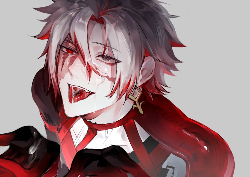 1boy absurdres after_fellatio ankh_earrings black_gloves burn_scar chuan colored_inner_hair cum cum_in_mouth cum_in_nose cum_on_body cum_on_hair cum_on_hands cum_on_tongue earrings facial fangs gloves grey_eyes hair_between_eyes heterochromia highres implied_after_fellatio jewelry male_focus medium_hair multicolored_hair open_mouth red_eyes scar scar_(wuthering_waves) scar_across_eye scar_on_face simple_background solo tongue tongue_out tongue_tattoo two-tone_hair white_background white_hair wuthering_waves yaoi
