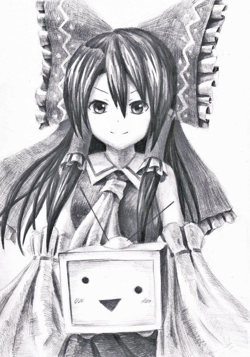 1girl absurdres ascot bare_shoulders bow closed_mouth collared_shirt cowboy_shot detached_sleeves frilled_bow frilled_hair_tubes frills greyscale hair_between_eyes hair_bow hair_tubes hakurei_reimu highres hiru holding large_bow light_smile long_hair looking_at_viewer monochrome niconico pleated_skirt shirt skirt sleeveless sleeveless_shirt terebi-chan touhou v-shaped_eyebrows wide_sleeves