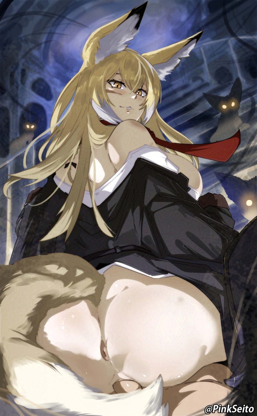 1boy 1girl absurdres animal_ear_fluff animal_ears anus arknights ass assertive_female black_gloves black_jacket black_suit blonde_hair blush breasts clothed_sex colored_tips commentary cowboy_shot double-parted_bangs english_commentary facial_scar formal_clothes fox fox_ears fox_girl fox_tail girl_on_top gloves glowing glowing_eyes hetero highres jacket large_breasts long_hair looking_at_viewer looking_back multicolored_hair necktie no_panties off_shoulder open_clothes open_jacket orphen_(pink_seito) parted_lips penis pov red_necktie reverse_cowgirl_position scar scar_on_cheek scar_on_face sex smile solo_focus straddling suit tail two-tone_hair uncensored vaginal vulpisfoglia_(arknights) white_hair white_jacket yellow_eyes
