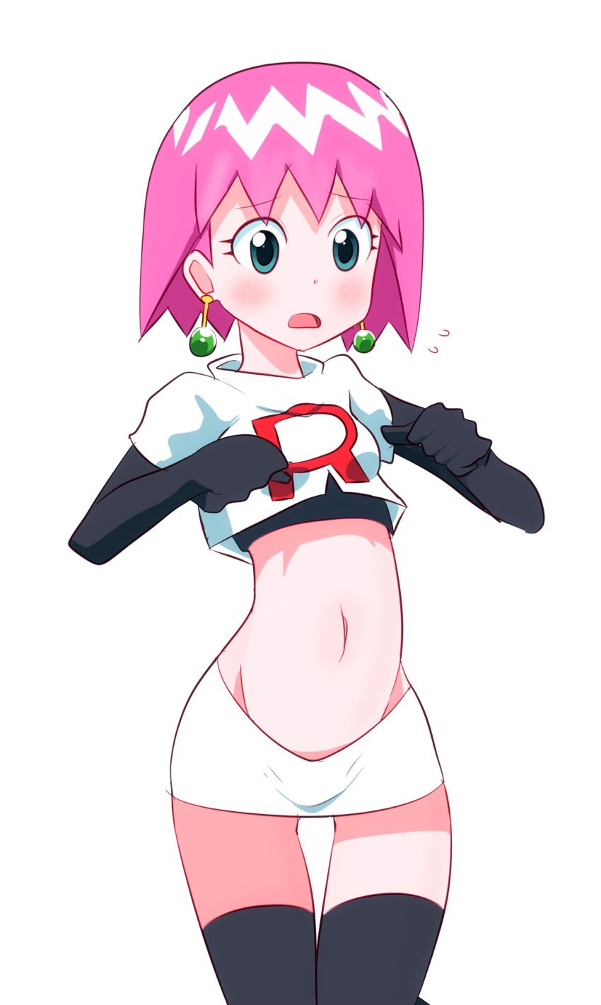 1girl beauty_(bobobo-bo_bo-bobo) black_gloves blue_eyes blush bobobo-bo_bo-bobo cosplay earrings elbow_gloves gloves hakyarameru highres jessie_(pokemon) jessie_(pokemon)_(cosplay) jewelry midriff navel open_mouth pink_hair protected_link short_hair simple_background skirt solo team_rocket team_rocket_uniform thighhighs white_background white_skirt