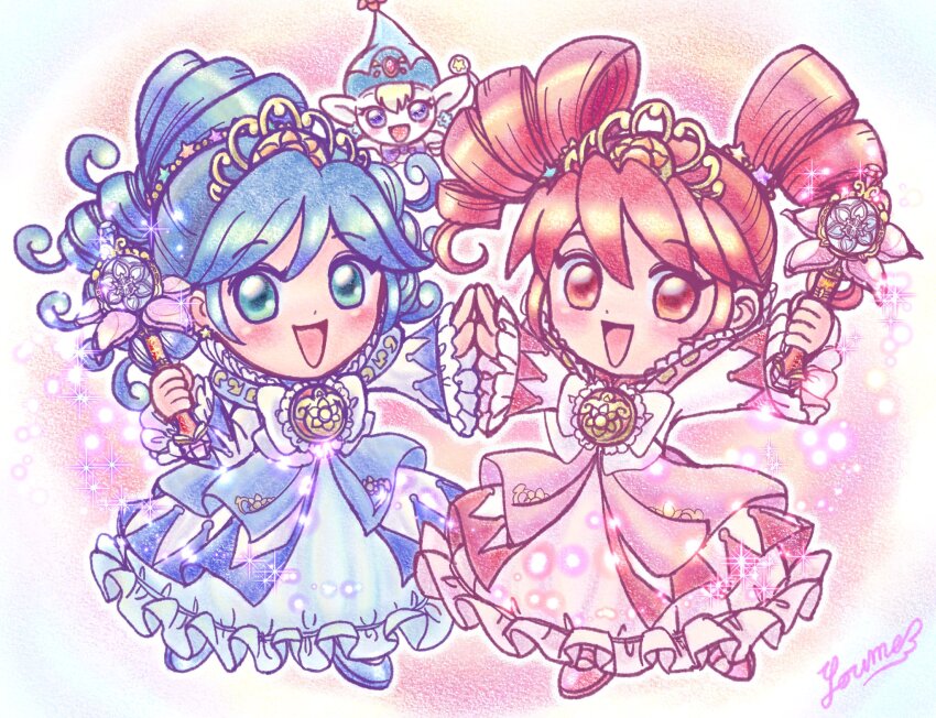 2girls blue_eyes blue_hair dress drill_hair fine_(futagohime) fine_(prominence_dress_up)_(futagohime) frilled_dress frills fushigiboshi_no_futago_hime highres holding looking_at_viewer multiple_girls red_eyes red_hair rein_(futagohime) rein_(prominence_dress_up)_(futagohime) siblings suruga_kanade twin_drills twins weapon_request