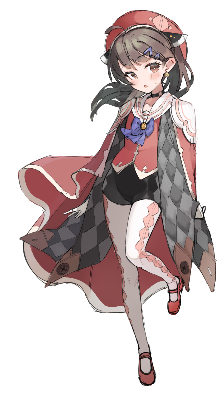 1girl absurdres ahoge alternate_costume argyle_clothes argyle_pantyhose arms_at_sides beret black_shorts blush bow bowtie brown_eyes brown_hair cape earrings full_body hair_down hair_ornament hairclip hat headgear highres hiragi_sage jacket jewelry long_hair looking_at_viewer open_mouth pantyhose purple_bow purple_bowtie red_cape red_hat red_jacket short_shorts shorts simple_background solo standing standing_on_one_leg sweatdrop touhoku_kiritan voiceroid white_background white_pantyhose