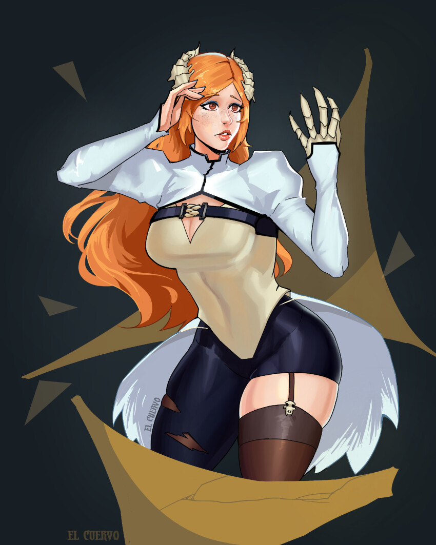 1girl alternate_costume bleach breasts brown_eyes claws cleavage el_cuervo freckles highres horns inoue_orihime long_hair monster_girl orange_hair thick_thighs thighs torn_clothes