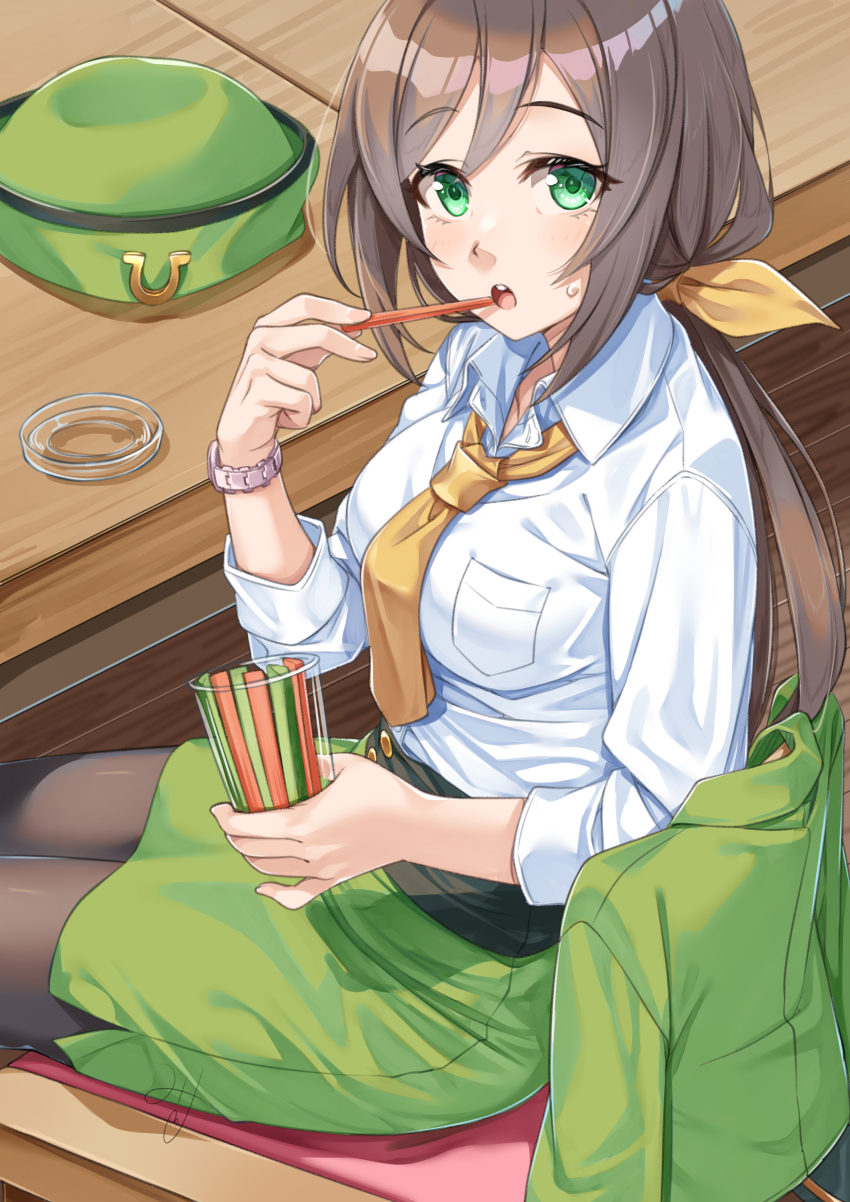 1girl absurdres breasts brown_hair commentary_request commission eating food green_eyes hair_ornament hat hayakawa_tazuna highres horse_girl looking_at_viewer medium_breasts miri_(ago550421) pantyhose pencil_skirt pixiv_commission sitting skirt solo table umamusume unworn_hat unworn_headwear