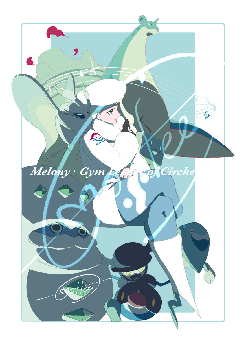 1girl absurdres arctovish blue_eyes boots border cccacademia character_name closed_mouth commentary_request crossed_legs earrings eiscue eiscue_(ice) frosmoth galarian_darmanitan galarian_form gen_1_pokemon gen_8_pokemon gigantamax gigantamax_lapras gloves hand_up hat highres jewelry lapras long_sleeves melony_(pokemon) mr._rime nintendo pantyhose pokemon pokemon_(creature) pokemon_swsh scarf shirt shorts signature sitting white_border white_footwear white_hat white_scarf white_shirt white_shorts
