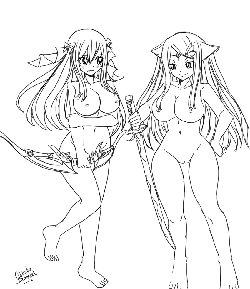 2girls abigail_(gate_of_nightmares) bow bow_(weapon) breasts claudia_dragneel emma_(gate_of_nightmares) gate_of_nightmares hair_between_eyes hair_bow hair_ornament highres holding holding_weapon large_breasts long_hair monochrome multiple_girls navel nipples nude pussy shy_girl signature simple_background smile square_enix standing standing_on_one_leg sword swordswoman uncensored very_long_hair wavy_mouth weapon white_background