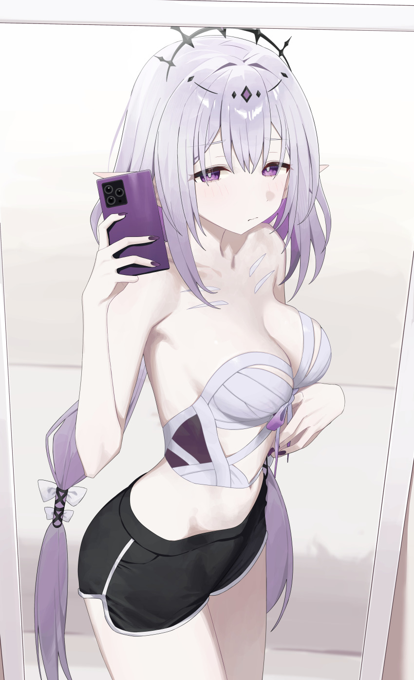 1girl absurdres bare_shoulders black_shorts breasts castorice_(honkai:_star_rail) cellphone commentary grey_hair highres holding holding_phone honkai:_star_rail honkai_(series) long_hair looking_at_viewer medium_breasts midriff nail_polish navel phone pointy_ears purple_eyes purple_nails short_shorts shorts smartphone solo strapless syhan tiara very_long_hair