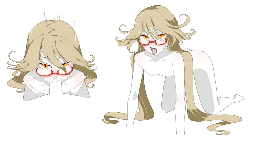 2boys aftersex all_fours blonde_hair blush colored_skin completely_nude cum cum_in_mouth fellatio funamusea gallaxi glasses long_hair looking_at_viewer male_focus multiple_boys multiple_views nude oral orange_eyes pov red-framed_eyewear semi-rimless_eyewear siralos_(funamusea) slit_pupils taiyou_no_jubaku tongue tongue_out trap white_skin yaoi