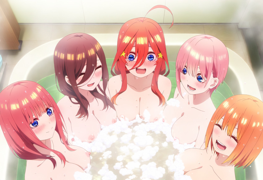 artist_request bathroom breasts collarbone completely_nude embarrassed go-toubun_no_hanayome large_breasts long_hair looking_at_viewer medium_hair nakano_ichika nakano_itsuki nakano_miku nakano_nino nakano_yotsuba navel nipples nude pink_hair red_hair ribbon short_hair siblings smile source_request uncensored