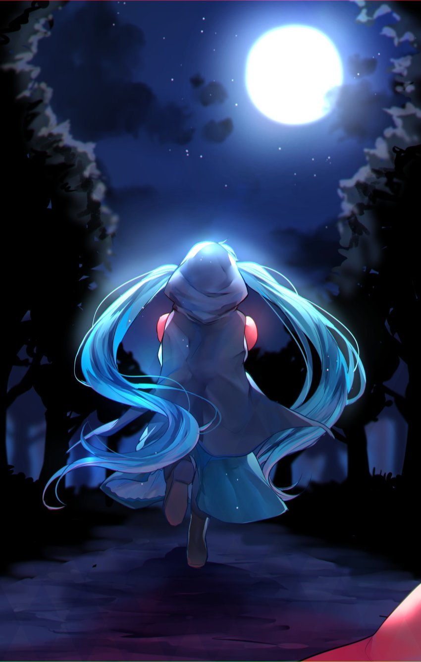 1girl aqua_hair aryuma772 baby blue_dress boots cape carrying carrying_baby carrying_person cloak cloud dress eve_moonlit evillious_nendaiki fleeing forest full_moon hatsune_miku highres hood hooded_cape long_hair moon moonlit_bear_(vocaloid) nature night night_sky running sky solo_focus star_(sky) starry_sky tree twintails very_long_hair vocaloid