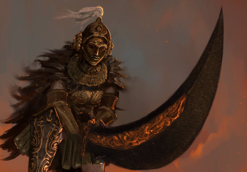 1girl armor cape commentary cracked_helmet elden_ring elden_ring:_shadow_of_the_erdtree embers full_armor fur_cape graffitigw greatsword helm helmet highres holding holding_sword holding_weapon redmane_freyja solo sword weapon
