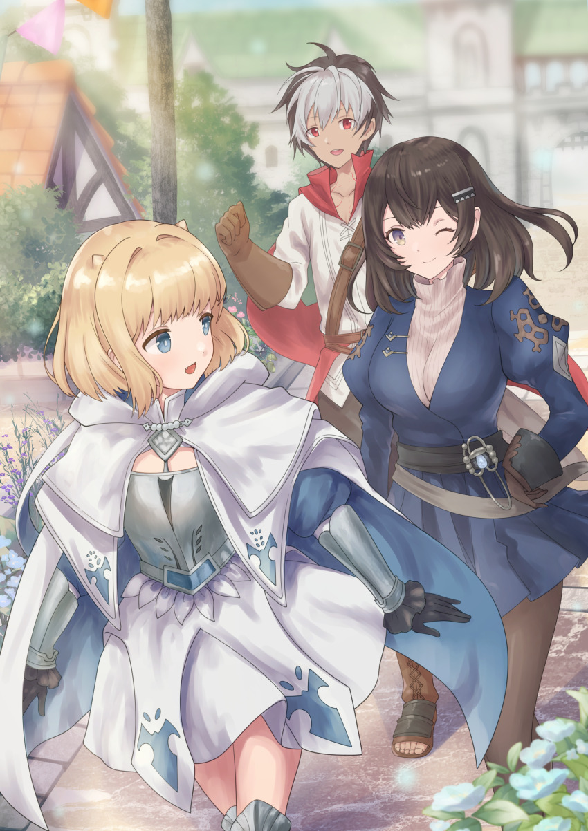 1boy 2girls absurdres armor blonde_hair blue_eyes breasts brown_dust_(series) brown_dust_2 bush cape chest_armor cloak closed_mouth cobblestone dress elbow_gloves feet_out_of_frame flower gloves greaves hair_ornament hairclip hand_on_own_hip highres hood hooded_cloak juliet_sleeves justia_(brown_dust) justia_(white_reaper)_(brown_dust) lamppost lathel_(brown_dust) long_sleeves marian_oekaki medium_breasts multicolored_hair multiple_girls one_eye_closed open_mouth pantyhose pleated_skirt puffy_sleeves sandals scheherazade_(brown_dust) scheherazade_(the_lapis_witch)_(brown_dust) shirt short_hair skirt small_breasts small_horns string_of_flags sunlight sweater tile_roof tree turtleneck turtleneck_sweater two-tone_hair vambraces