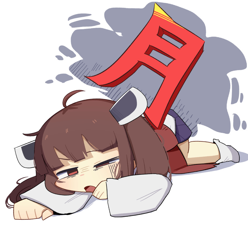 1girl ahoge blunt_bangs brown_hair chibi chibi_only full_body headgear highres japanese_clothes kimono konohoshi long_sleeves lying monday on_stomach open_mouth pleated_skirt purple_skirt red_eyes short_hair simple_background skirt socks solo touhoku_kiritan voiceroid white_background white_kimono white_socks wide_sleeves