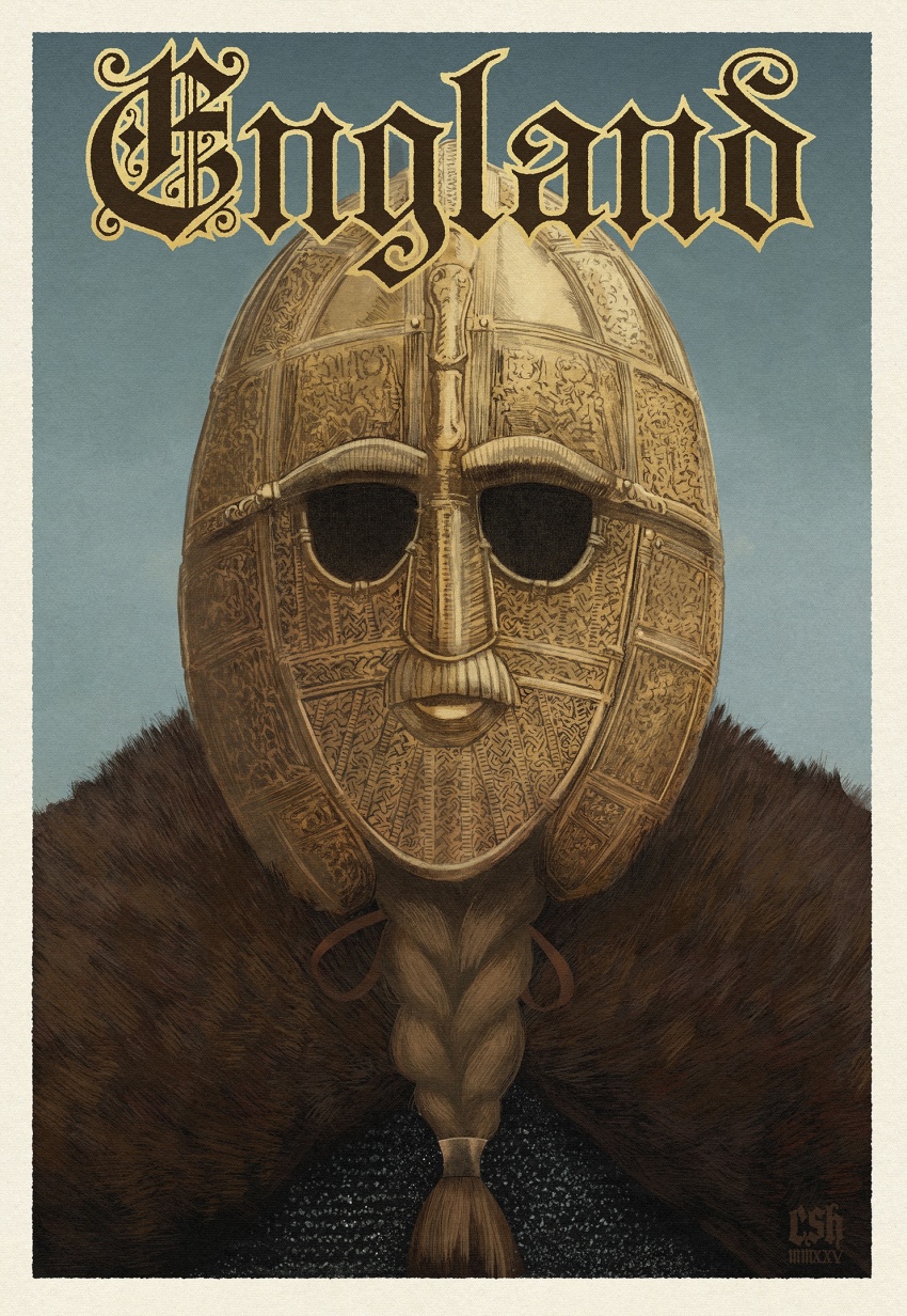 1boy anglo-saxon armor beard blonde_hair brown_cloak chainmail christian_sloan_hall cloak england facial_hair fake_facial_hair fake_mustache fur_cloak gold_helmet helmet highres portrait raedwald_of_east_anglia real_life roman_numeral solo sutton_hoo_helmet tied_beard traditional_media