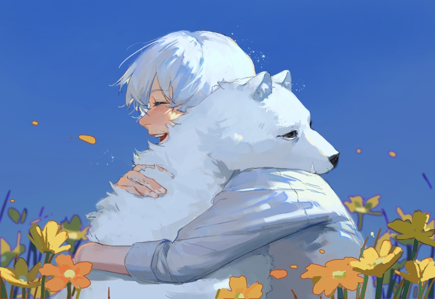 1boy ^_^ affectionate animal blue_background closed_eyes field flower flower_field from_side fumetsu_no_anata_e happy highres hug joan_(fumetsu_no_anata_e) light_particles long_sleeves looking_away nature open_mouth outdoors petals shirt the_nameless_boy_(fumetsu_no_anata_e) upper_body wangan white_shirt wolf yellow_flower