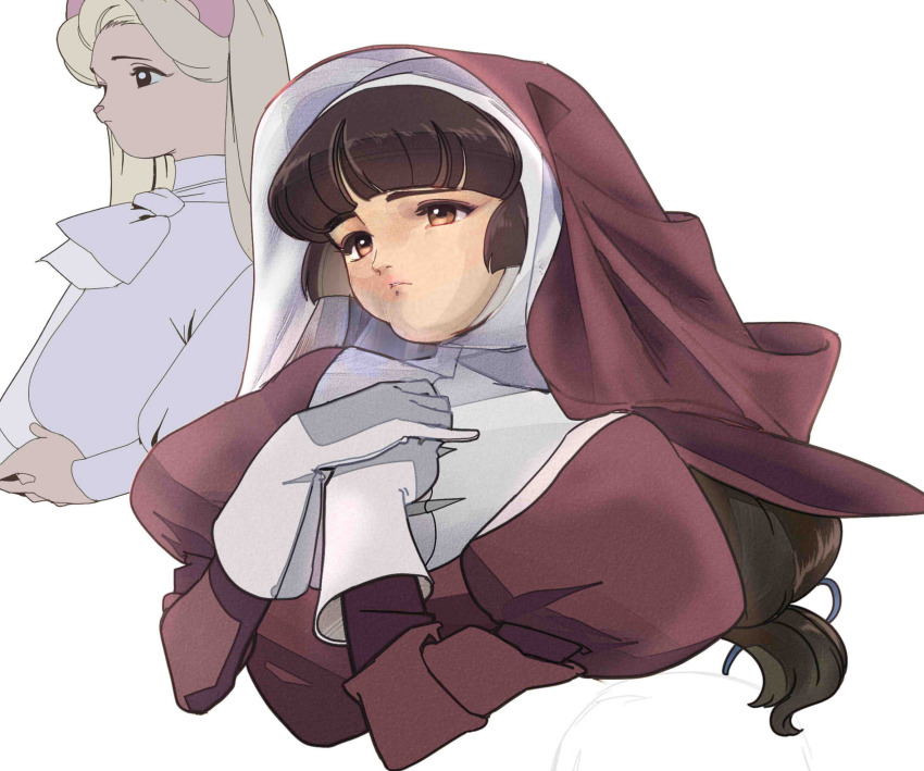 2girls animal_ears arched_bangs black_eyes breasts brown_eyes brown_hair cat_ears cat_girl commentary cropped_torso dress edoya_inuhachi gloves guimpe hands_on_own_chest head_tilt highres juliet_sleeves long_hair long_sleeves low-tied_long_hair medium_breasts multiple_girls neckerchief nun original own_hands_together parted_lips puffy_sleeves red_dress red_veil simple_background snout solo_focus traditional_nun upper_body veil white_background white_dress white_gloves white_neckerchief wimple