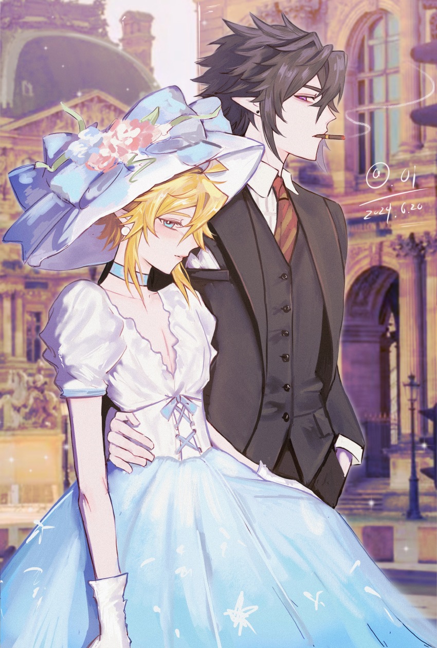 2boys absurdres alternate_costume aotu_world arm_around_waist artist_name black_hair black_jacket blonde_hair blue_dress blue_eyes blush choker cigarette collarbone crossdressing dated dress earrings flower formal_clothes gloves hair_between_eyes hat hat_flower highres jacket jewelry king_(aotu_world) looking_at_viewer male_focus multiple_boys necktie plutoray pointy_ears puffy_short_sleeves puffy_sleeves purple_eyes ray_(aotu_world) red_necktie shirt short_hair short_sleeves sidelocks smoke smoking spiked_hair suit trap vest watermark white_dress white_gloves white_hat white_shirt yaoi
