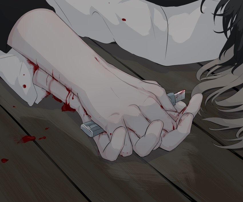 absurdres attempted_suicide avogado6 black_hair black_shirt blonde_hair blood blood_on_hands highres holding_hands knife original shirt tagme white_shirt