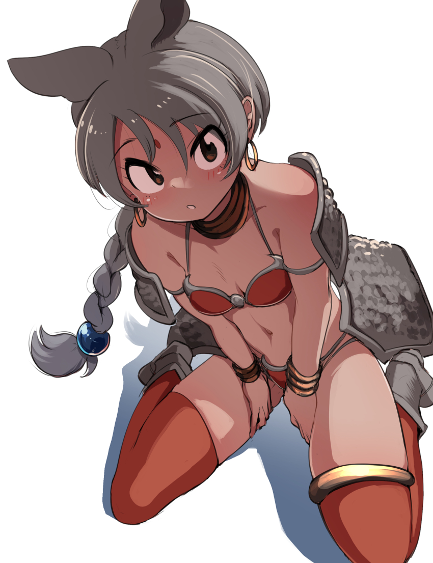 1girl absurdres animal_ears armor bikini_armor boots bracelet brown_eyes choker earrings extra_ears grey_hair hair_ornament highres indian_rhinoceros_(kemono_friends) jewelry kemono_friends long_hair looking_at_viewer mcgunngu navel rhinoceros_ears rhinoceros_girl shoulder_armor simple_background sitting solo thighhighs