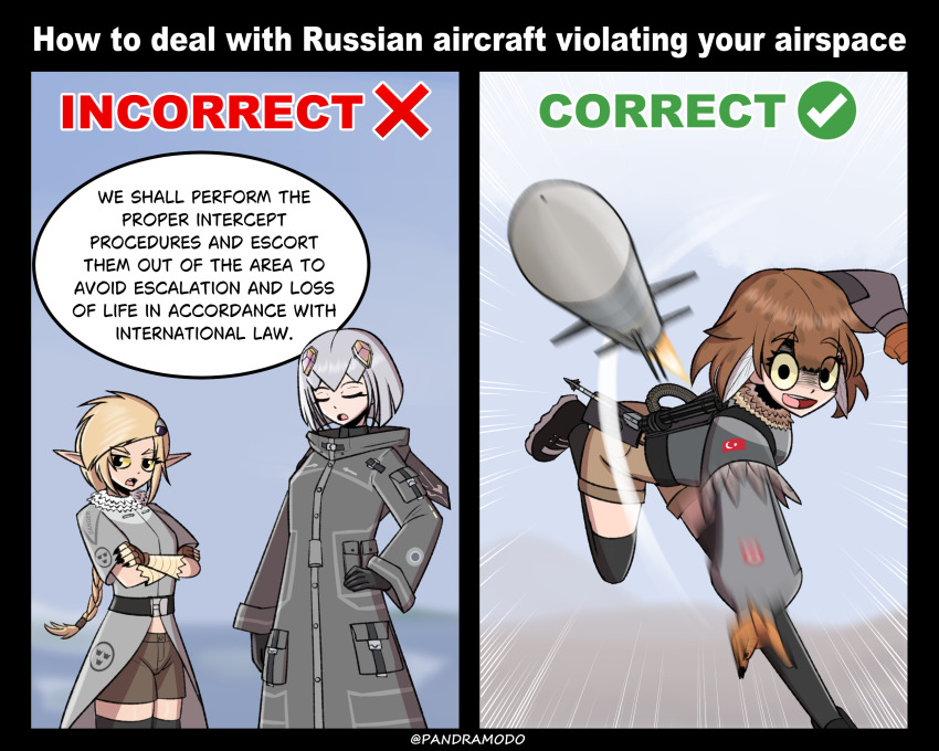 3girls black_shoes black_thighhighs blonde_hair brown_hair brown_shorts closed_eyes coat cowboy_shot english_text f-16_fighting_falcon f-35_lightning_ii gatling_gun grey_coat grey_hair headpiece highres long_sleeves mecha_musume minigun missile motion_lines multicolored_hair multiple_girls open_mouth original pandramodo personification pointy_ears ponytail saab_gripen shoes short_hair short_shorts shorts swedish_air_force thighhighs throwing turkish_flag two-tone_hair white_hair