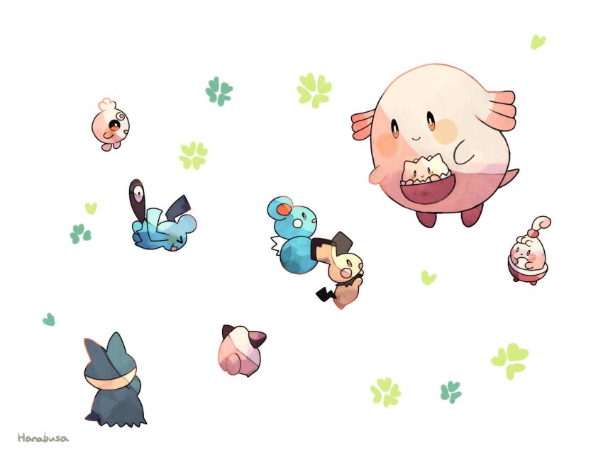 &gt;_&lt; :d animal_focus artist_name azurill blue_skin chansey cleffa clover colored_skin commentary_request four-leaf_clover from_behind game_freak gen_1_pokemon gen_2_pokemon gen_3_pokemon gen_4_pokemon hanabusaoekaki happiny highres igglybuff munchlax nintendo no_humans open_mouth pichu pink_skin pokemon pokemon_(creature) pouch simple_background smile solid_circle_eyes solid_oval_eyes tail togepi white_background wynaut xd yellow_skin