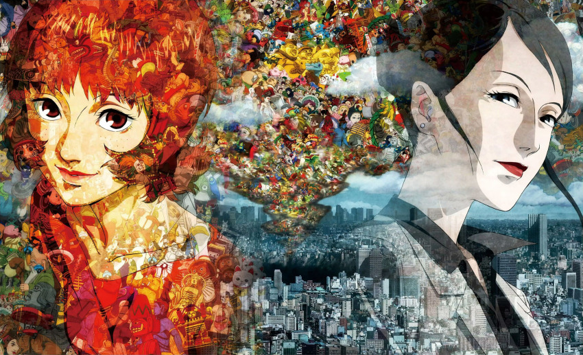 2girls anatomical_model black_hair black_shirt blouse brown_eyes buddha building chiba_atsuko city cityscape cloud collarbone daruma_doll doll dual_persona earrings fading female_focus formal_clothes freckles grey_eyes hair_bun highres jewelry kon_satoshi lipstick makeup maneki-neko multiple_girls pale_skin paprika paprika_(character) red_hair red_shirt sarcophagus shirt short_hair sidelocks single_hair_bun sky stuffed_animal stuffed_toy suit t-shirt tanuki transparent