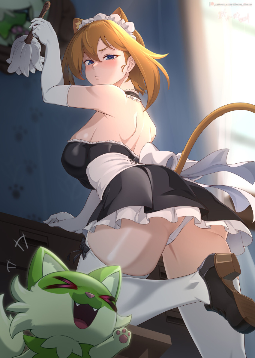 &gt;_&lt; 1girl :/ :d absurdres alternate_costume animal_ears annoyed arm_support arm_up ass back back_bow bare_shoulders black_bow black_dress blue_eyes blurry blurry_background bow bow_legwear breasts bright_pupils brown_hair brown_tail cat_ears cat_tail choker cleaning cleaning_brush closed_mouth dress elbow_gloves enmaided fangs foot_out_of_frame foot_up frilled_choker frilled_dress frills from_side gloves hair_between_eyes half-closed_eyes highres holding holding_brush indoors large_breasts leaning_forward looking_at_viewer looking_to_the_side maid maid_headdress may_(pokemon) medium_hair nintendo on_one_knee open_mouth panties pantyshot patreon_username paw_print pokemon pokemon_rse shoes short_dress shoulder_blades smile solo_focus sprigatito strapless strapless_dress swept_bangs tail thighhighs two-tone_footwear underwear v-shaped_eyebrows vilde_loh_hocen white_bow white_gloves white_panties white_pupils white_thighhighs