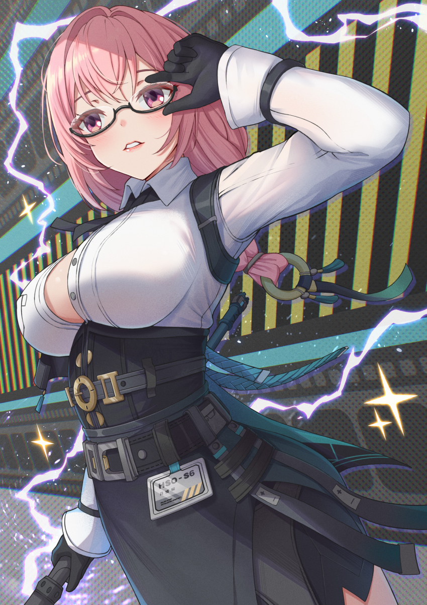 1girl adjusting_eyewear agiri_(agiri_box) black-framed_eyewear black_gloves black_skirt blush breasts collared_shirt commentary cowboy_shot electricity gloves hair_between_eyes high-waist_skirt highres holding holding_polearm holding_weapon id_card large_breasts long_hair long_sleeves parted_lips pink_eyes pink_hair polearm semi-rimless_eyewear shirt skirt solo symbol-only_commentary tsukishiro_yanagi underbust weapon white_shirt zenless_zone_zero