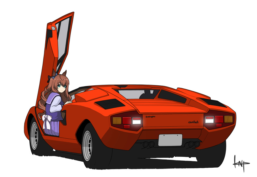 1girl absurdres brown_hair car expressionless highres jacket kano_(nakanotakahiro1029) lamborghini lamborghini_countach maruzensky_(umamusume) motor_vehicle purple_jacket purple_skirt school_uniform shirt skirt solo tracen_school_uniform umamusume white_background white_shirt