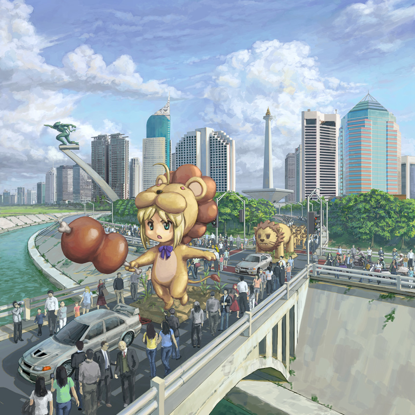 animal_costume artoria_pendragon_(fate) blonde_hair bow bridge building camera car cloud denim evokid fate_(series) food formal_clothes grass green_eyes hat highres jeans lamppost lion lion_costume lion_tail meat mitsubishi_lancer_evolution monumen_nasional motor_vehicle motorcycle necktie pants riverbank road saber_lion scenery sky skyline skyscraper statue statue_of_dirgantara suit tail traffic_light tree type-moon vest