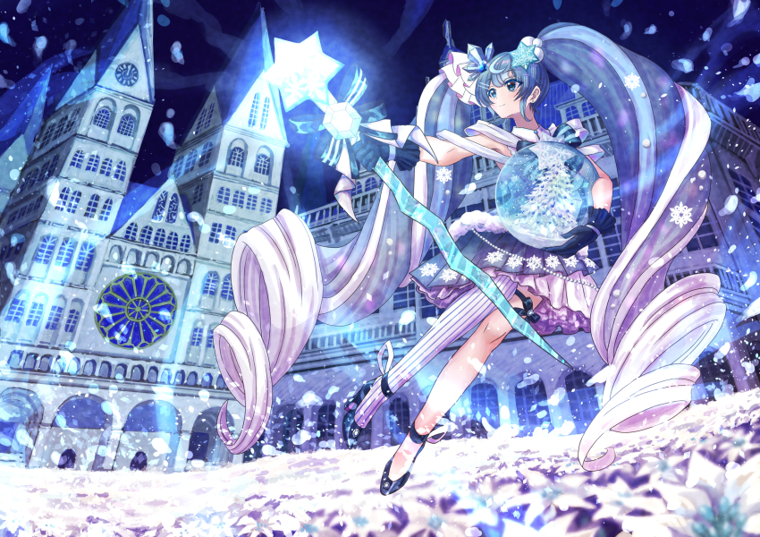 1girl asymmetrical_legwear black_gloves blue_dress blue_eyes blue_hair cathedral church closed_mouth crystal_hair_ornament dress flower gloves hair_between_eyes hair_ornament hatsune_miku high_heels highres holding holding_snow_globe holding_staff hrm_1524 long_hair multicolored_hair official_alternate_costume official_alternate_hairstyle outdoors single_thighhigh sleeveless sleeveless_dress snow_globe snowflake_hair_ornament snowflake_print solo staff structure thighhighs twintails very_long_hair vocaloid white_hair white_thighhighs yuki_miku yuki_miku_(2025)