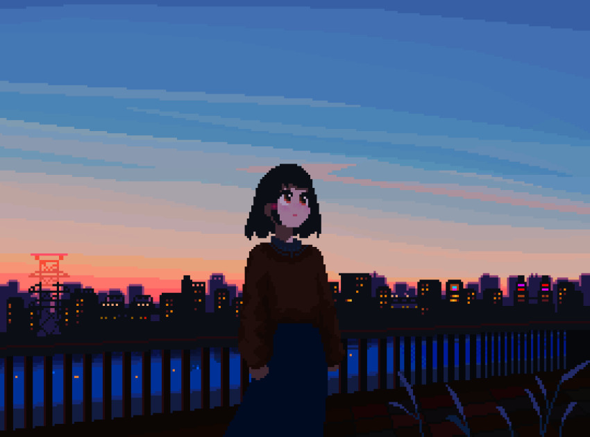1girl animated animated_gif arms_at_sides black_hair blinking blue_skirt city cityscape commentary english_commentary evening gradient_sky highres literallyfarah long_sleeves looping_animation original outdoors pixel_art railing red_eyes skirt sky solo sunset water wind