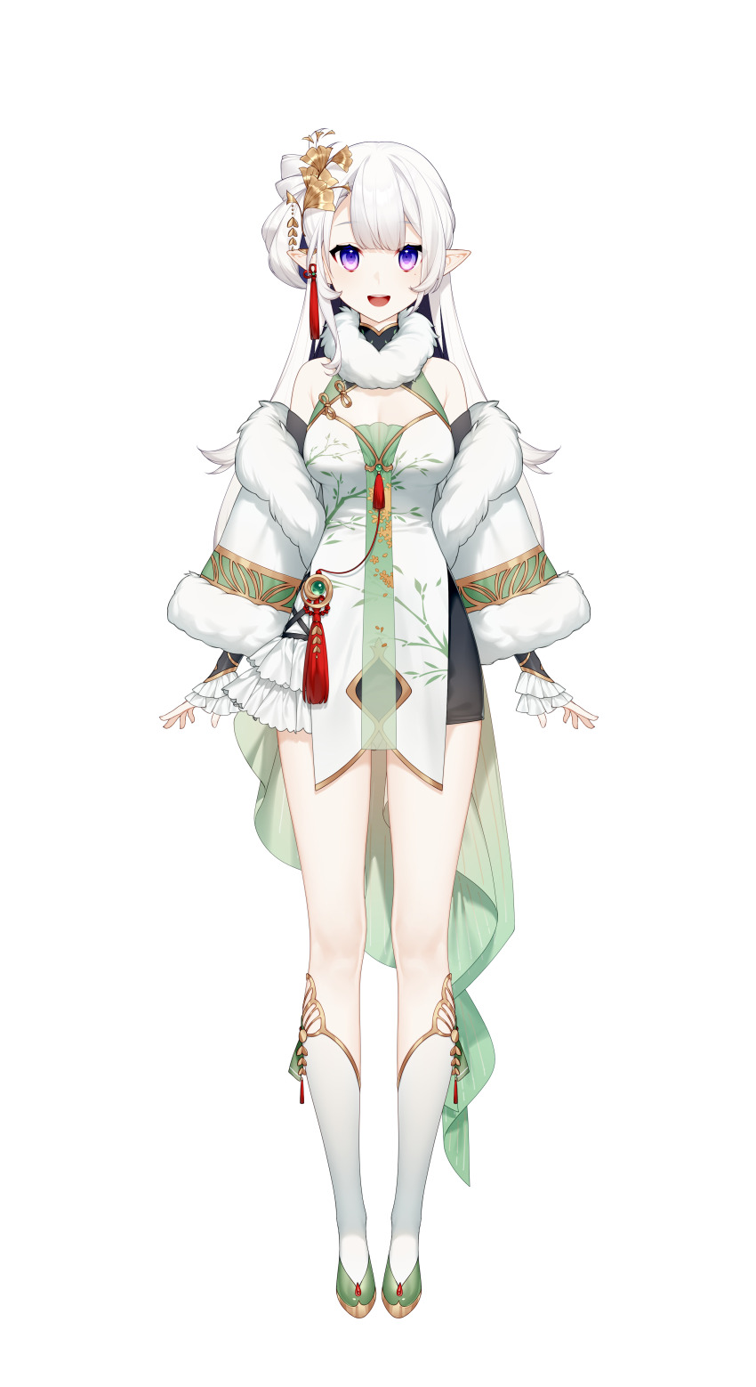 1girl :d absurdres bamboo_print bare_shoulders blue_hair blunt_bangs boots breasts china_dress chinese_clothes cleavage cleavage_cutout clothing_cutout coat colored_inner_hair detached_sleeves dress full_body fur-trimmed_coat fur_trim gradient_eyes green_boots hair_ornament hair_rings highres knee_boots leaf_hair_ornament long_hair medium_breasts mole mole_under_eye multicolored_boots multicolored_eyes multicolored_hair nijisanji off_shoulder official_art open_mouth pointy_ears purple_eyes rhea_(virtuareal) single_hair_ring smile solo standing tassel teeth two-tone_boots upper_teeth_only virtual_youtuber virtuareal white_background white_boots white_coat white_dress white_hair