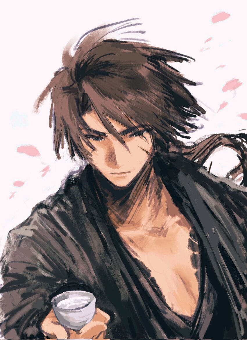 1boy black_kimono brown_hair choko_(cup) cup heathcliff_(project_moon) highres holding holding_cup japanese_clothes kimono kurokumo_clan_(identity)_(project_moon) limbus_company ling_zhiyun long_hair low_ponytail open_clothes open_kimono parted_bangs parted_lips ponytail project_moon purple_eyes simple_background solo upper_body white_background