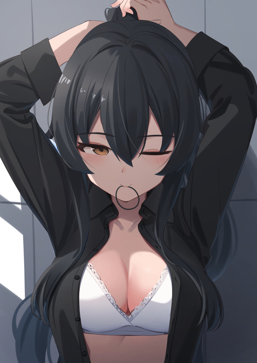 1girl absurdres black_hair black_shirt bra breasts cleavage collared_shirt commentary frilled_bra frills highres holding holding_own_hair kantai_collection kokenashi large_breasts mouth_hold one_eye_closed open_clothes open_shirt ponytail rubber_band shirt solo underwear upper_body white_bra yahagi_(kancolle)